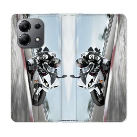 Housse cuir portefeuille pour Xiaomi Redmi Note 13 4G Moto Course GP Blanche