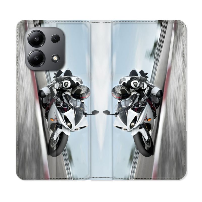 Housse cuir portefeuille pour Xiaomi Redmi Note 13 4G Moto Course GP Blanche