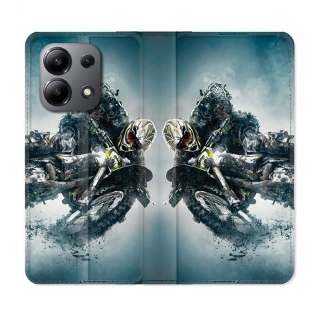 Housse cuir portefeuille pour Xiaomi Redmi Note 13 4G Moto Cross Ombre