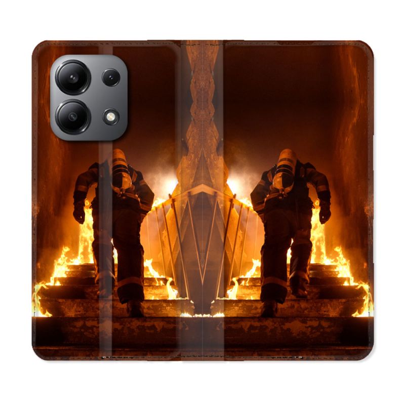 Housse cuir portefeuille pour Xiaomi Redmi Note 13 4G Pompier Escalier