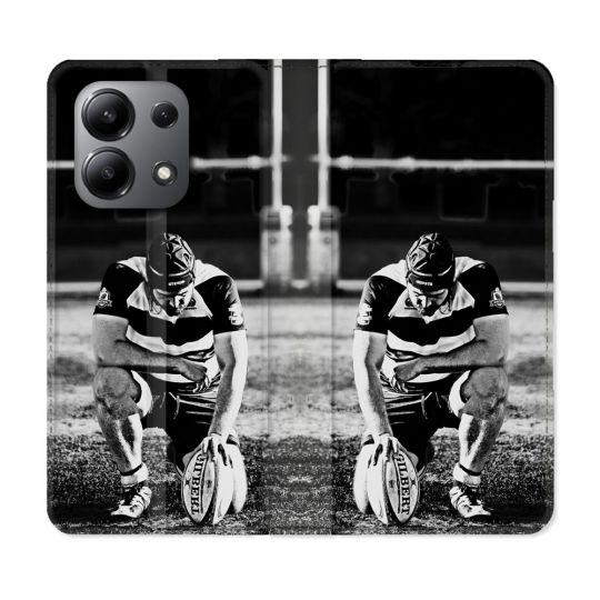 Housse cuir portefeuille pour Xiaomi Redmi Note 13 4G Sport Rugby Noir Blanc