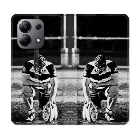 Housse cuir portefeuille pour Xiaomi Redmi Note 13 4G Sport Rugby Noir Blanc