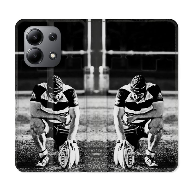 Housse cuir portefeuille pour Xiaomi Redmi Note 13 4G Sport Rugby Noir Blanc