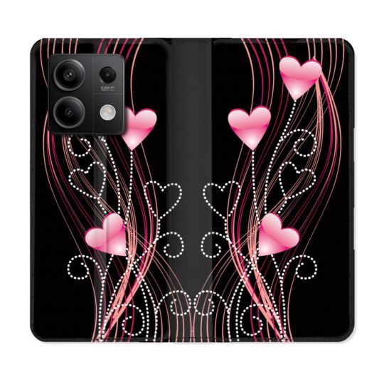 Housse cuir portefeuille pour Xiaomi Redmi Note 13 5G Amour Coeur Rose Montant sur Noir