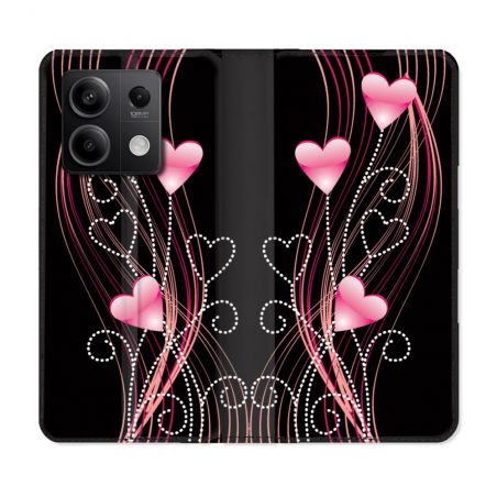 Housse cuir portefeuille pour Xiaomi Redmi Note 13 5G Amour Coeur Rose Montant sur Noir