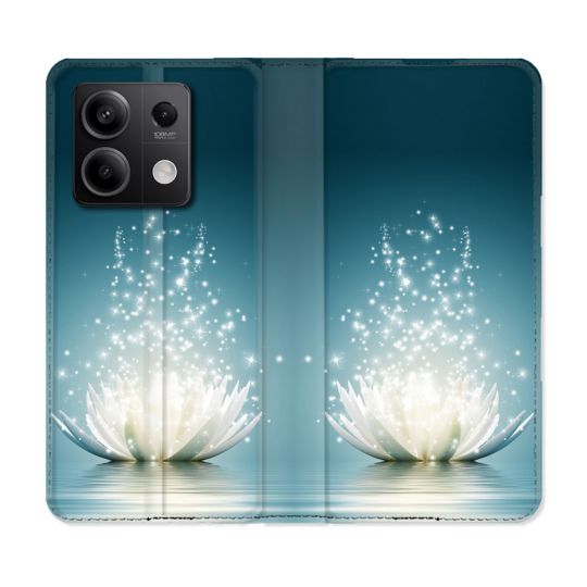 Housse cuir portefeuille pour Xiaomi Redmi Note 13 5G Fleur Lotus Blanc