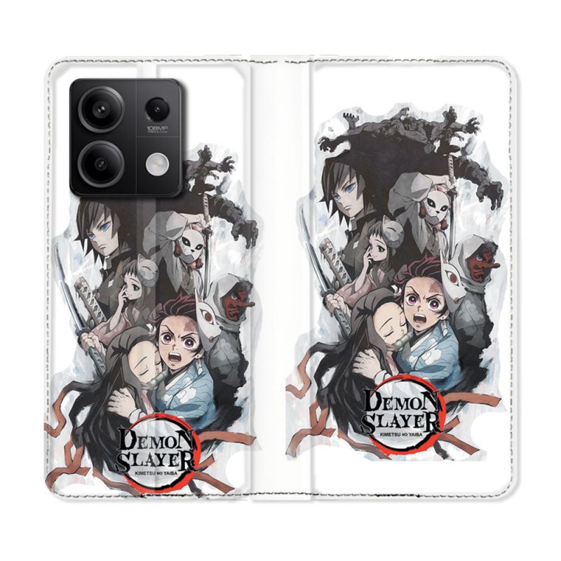 Housse cuir portefeuille pour Xiaomi Redmi Note 13 5G Manga Demon Slayer Blanc