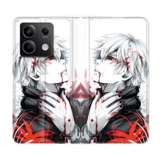 Housse cuir portefeuille pour Xiaomi Redmi Note 13 5G Manga Tokyo Ghoul Kaneki Blanc