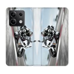 Housse cuir portefeuille pour Xiaomi Redmi Note 13 5G Moto Course GP Blanche