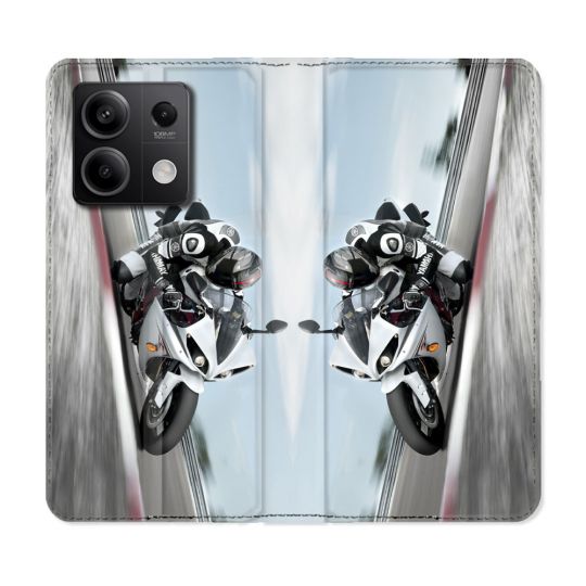 Housse cuir portefeuille pour Xiaomi Redmi Note 13 5G Moto Course GP Blanche