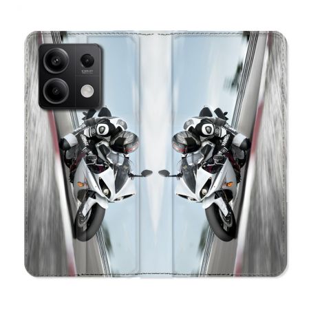 Housse cuir portefeuille pour Xiaomi Redmi Note 13 5G Moto Course GP Blanche