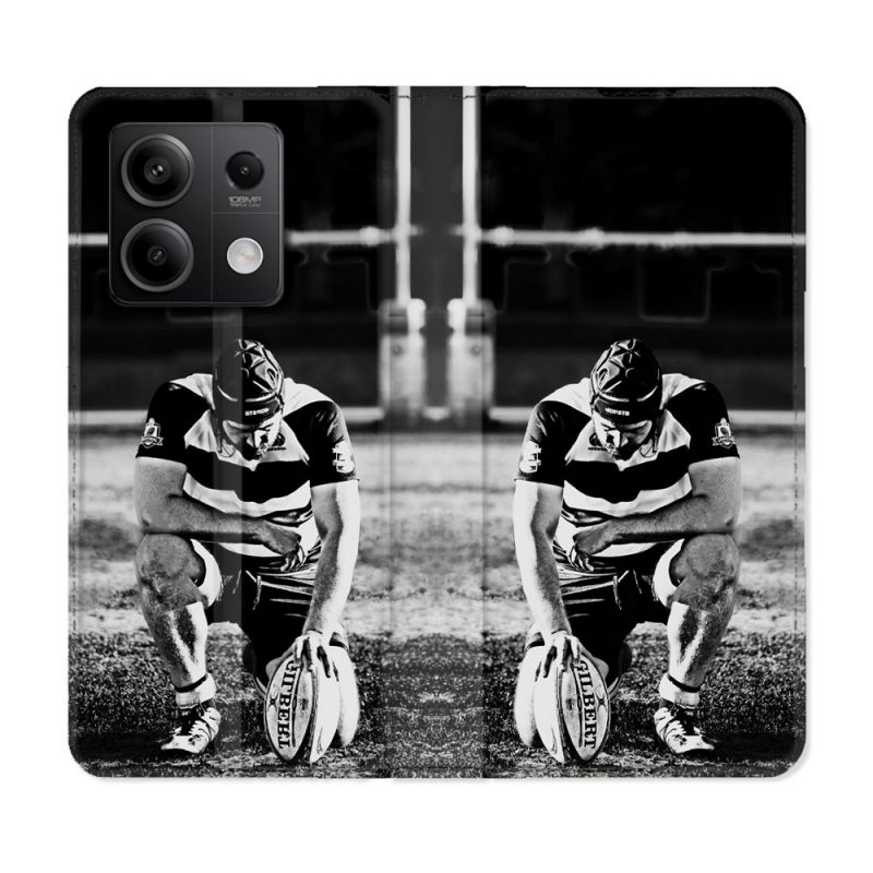 Housse cuir portefeuille pour Xiaomi Redmi Note 13 5G Sport Rugby Noir Blanc