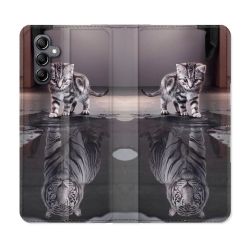 Housse Cuir Portefeuille pour Samsung Galaxy S24 Animal Chat Reflet