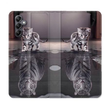 Housse Cuir Portefeuille pour Samsung Galaxy S24 Animal Chat Reflet