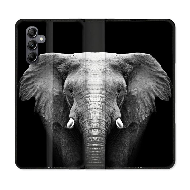 Housse Cuir Portefeuille pour Samsung Galaxy S24 Animal Elephant Noir