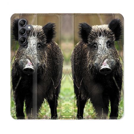 Housse Cuir Portefeuille pour Samsung Galaxy S24 Chasse Sanglier bois