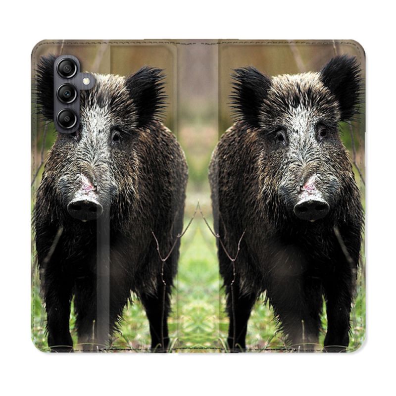 Housse Cuir Portefeuille pour Samsung Galaxy S24 Chasse Sanglier bois