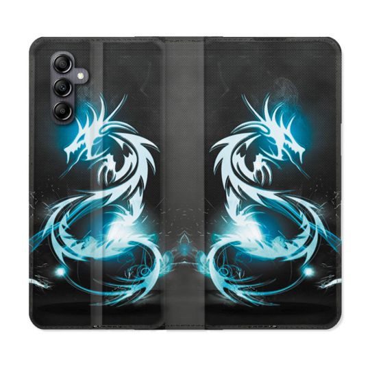 Housse Cuir Portefeuille pour Samsung Galaxy S24 Fantastique Dragon Bleu