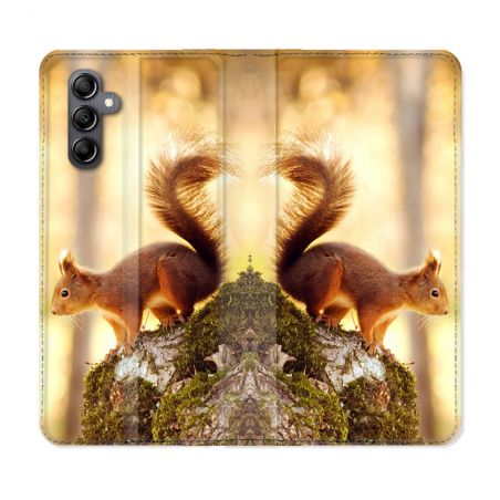 Housse Cuir Portefeuille pour Samsung Galaxy A15 4G / 5G Animal Ecureuil Bois