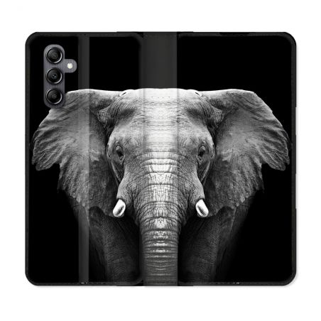 Housse Cuir Portefeuille pour Samsung Galaxy A15 4G / 5G Animal Elephant Noir