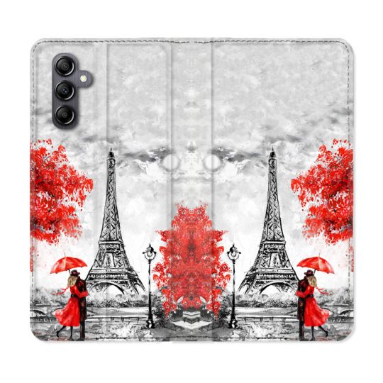 Housse Cuir Portefeuille pour Samsung Galaxy S24 Voyage France Paris Rouge