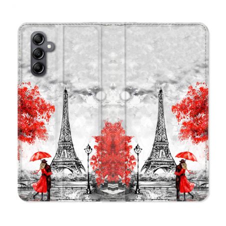 Housse Cuir Portefeuille pour Samsung Galaxy A15 4G / 5G Voyage France Paris Rouge