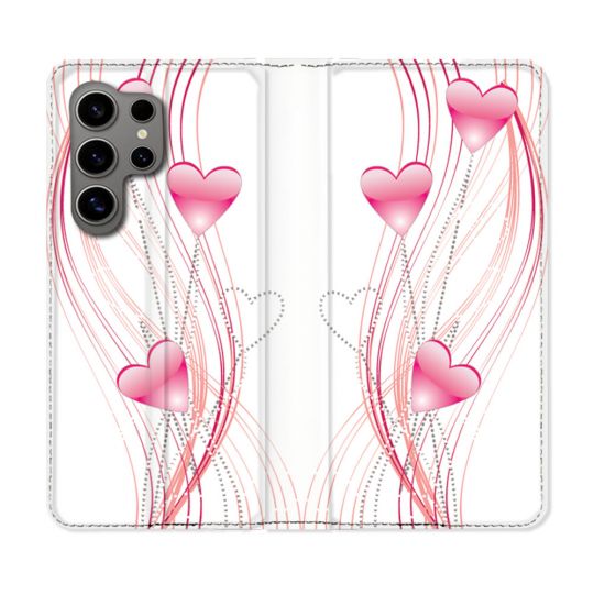 Housse Cuir Portefeuille pour Samsung Galaxy S24 Ultra Amour Coeur Rose Montant sur Blanc