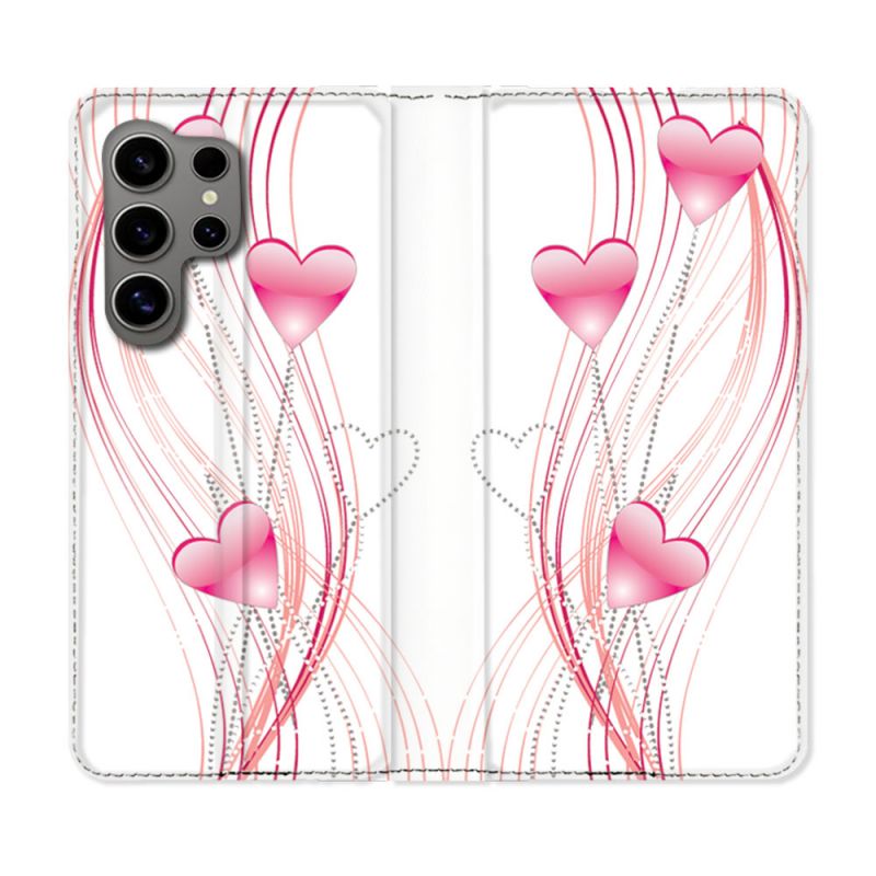 Housse Cuir Portefeuille pour Samsung Galaxy S24 Ultra Amour Coeur Rose Montant sur Blanc