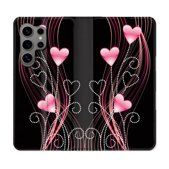 Housse Cuir Portefeuille pour Samsung Galaxy S24 Ultra Amour Coeur Rose Montant sur Noir