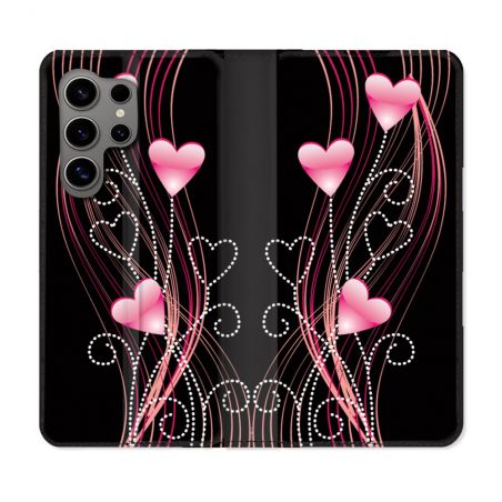Housse Cuir Portefeuille pour Samsung Galaxy S24 Ultra Amour Coeur Rose Montant sur Noir