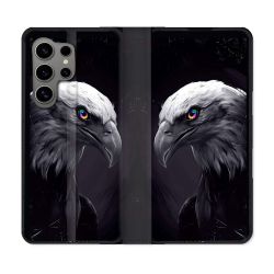 Housse Cuir Portefeuille pour Samsung Galaxy S24 Ultra Animal Aigle Royal Noir