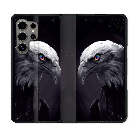 Housse Cuir Portefeuille pour Samsung Galaxy S24 Ultra Animal Aigle Royal Noir