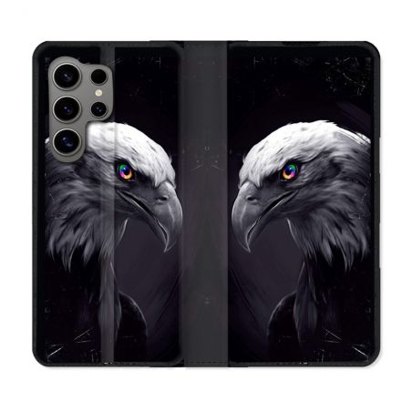 Housse Cuir Portefeuille pour Samsung Galaxy S24 Ultra Animal Aigle Royal Noir