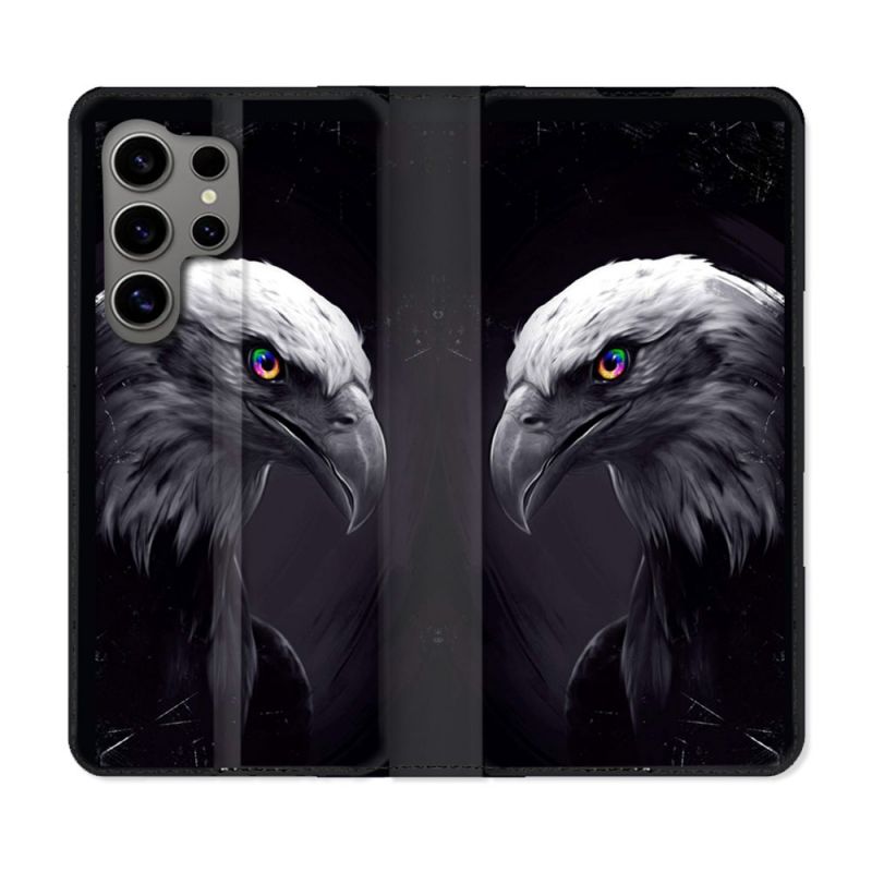 Housse Cuir Portefeuille pour Samsung Galaxy S24 Ultra Animal Aigle Royal Noir