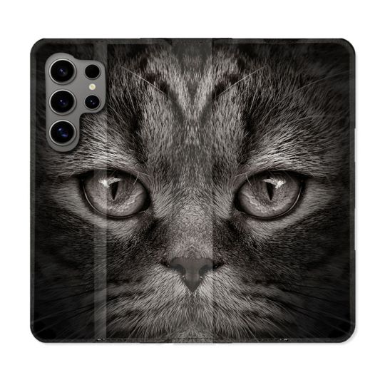 Housse Cuir Portefeuille pour Samsung Galaxy S24 Ultra Animal Chat Gris