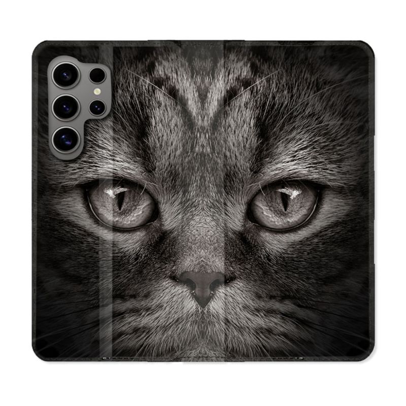 Housse Cuir Portefeuille pour Samsung Galaxy S24 Ultra Animal Chat Gris