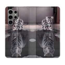 Housse Cuir Portefeuille pour Samsung Galaxy S24 Ultra Animal Chat Reflet
