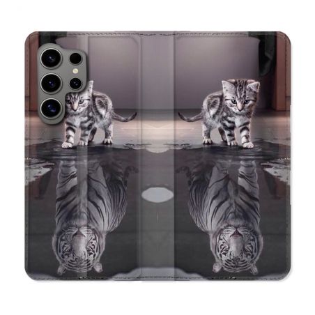 Housse Cuir Portefeuille pour Samsung Galaxy S24 Ultra Animal Chat Reflet