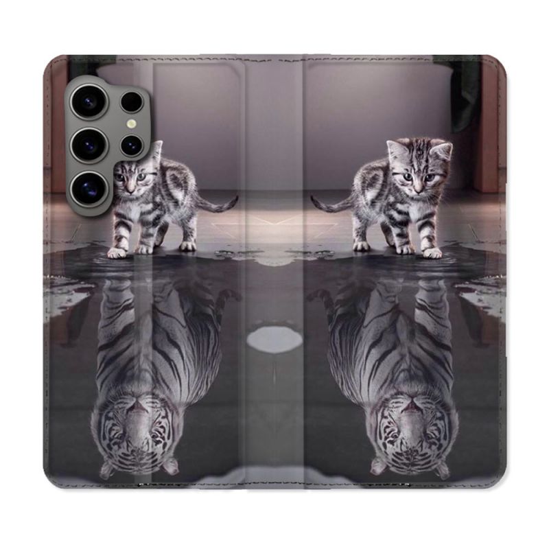 Housse Cuir Portefeuille pour Samsung Galaxy S24 Ultra Animal Chat Reflet