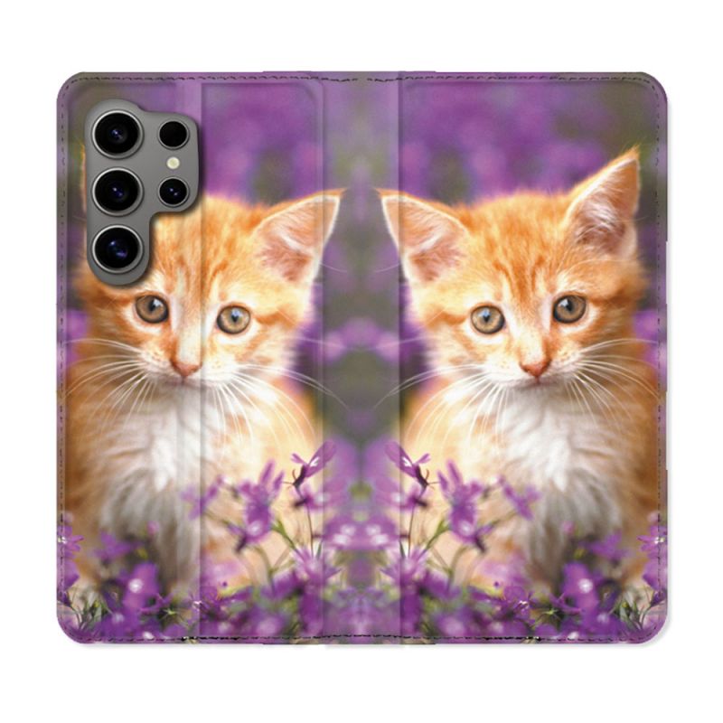 Housse Cuir Portefeuille pour Samsung Galaxy S24 Ultra Animal Chat Violet