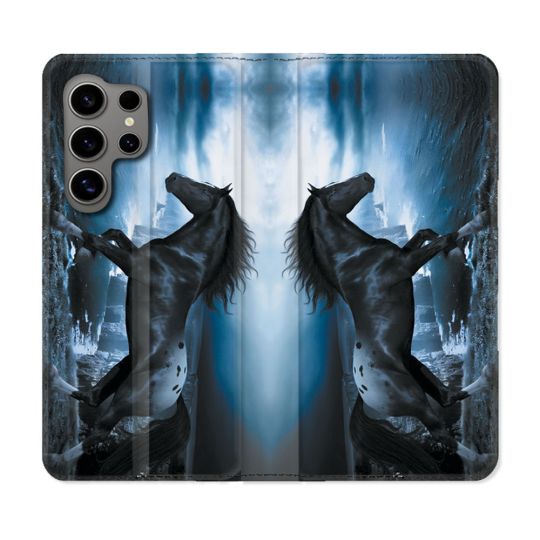 Housse Cuir Portefeuille pour Samsung Galaxy S24 Ultra Animal Cheval Noir