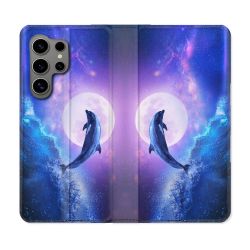 Housse Cuir Portefeuille pour Samsung Galaxy S24 Ultra Animal Dauphin Vague