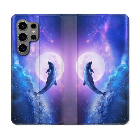 Housse Cuir Portefeuille pour Samsung Galaxy S24 Ultra Animal Dauphin Vague