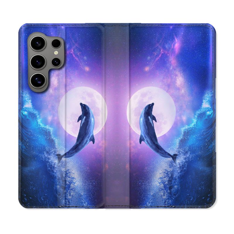 Housse Cuir Portefeuille pour Samsung Galaxy S24 Ultra Animal Dauphin Vague