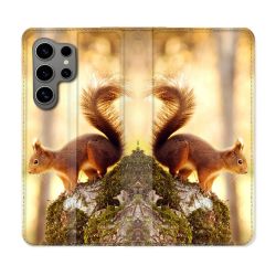 Housse Cuir Portefeuille pour Samsung Galaxy S24 Ultra Animal Ecureuil Bois