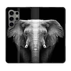 Housse Cuir Portefeuille pour Samsung Galaxy S24 Ultra Animal Elephant Noir