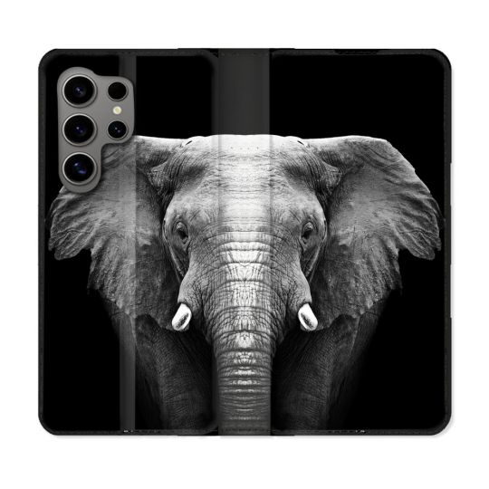 Housse Cuir Portefeuille pour Samsung Galaxy S24 Ultra Animal Elephant Noir