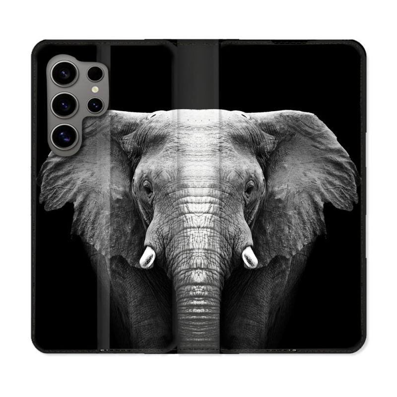 Housse Cuir Portefeuille pour Samsung Galaxy S24 Ultra Animal Elephant Noir