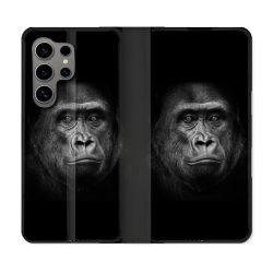 Housse Cuir Portefeuille pour Samsung Galaxy S24 Ultra Animal Gorille Noir