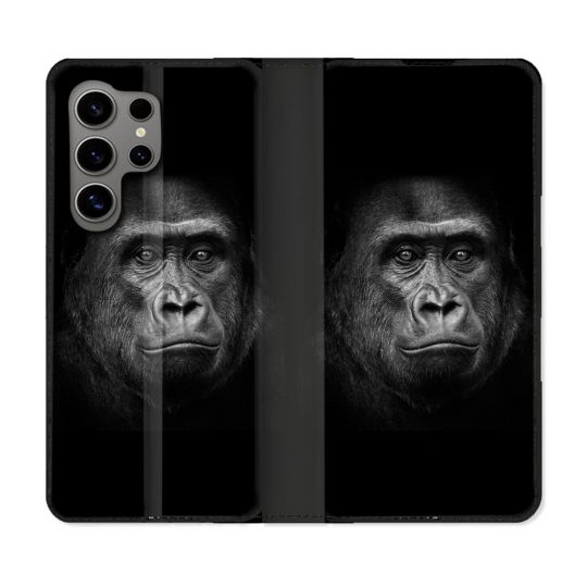 Housse Cuir Portefeuille pour Samsung Galaxy S24 Ultra Animal Gorille Noir